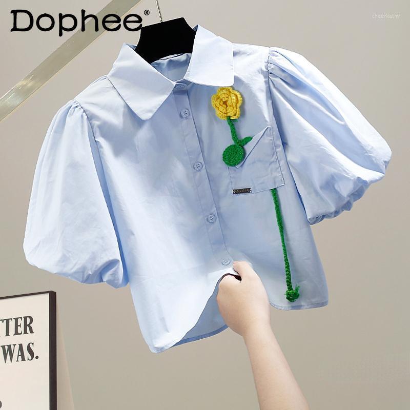 

Women' Blouses & Shirts Sweet Femme Crocheted Three-Dimensional Flower Faux Pocket Puff Sleeve Short Shirt Women Fashion Loose Tops 2022Wom, White