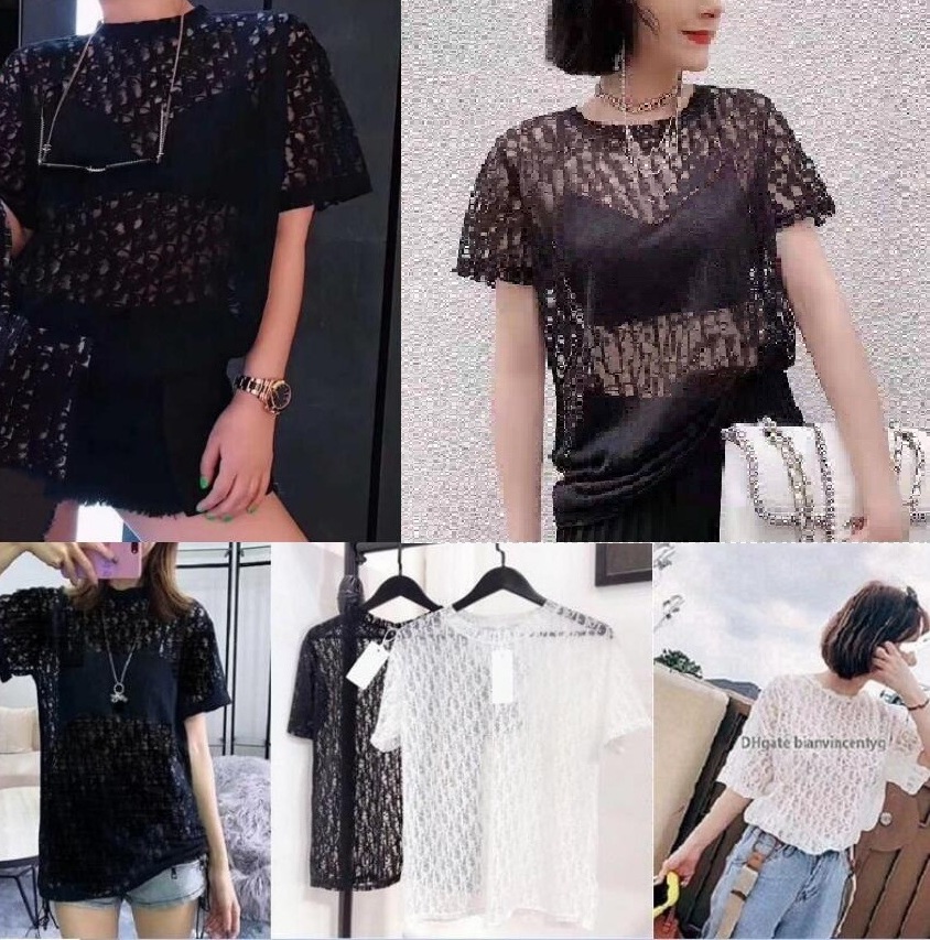 

Designer Womens See-through T Shirts luxurys summer Lace 3 D C print letter French Fashion T-shirt Tees Street Short Sleeve t shirt transfers white black hollow out Men, Black-short sleeve