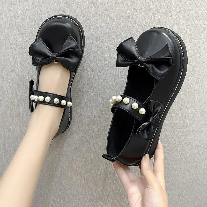 

Sepatu Wanita Lolita Pita Simpul Mutiara Mary Jane Lucu Kawaii Platform Kulit Bulat Ujung Rata untuk Wanita Mode Pantofel Hitam Putih 220614, Black b
