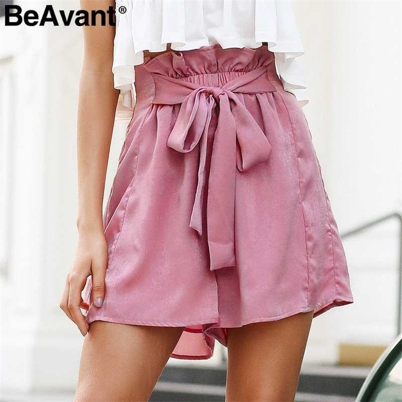 

BeAvant Ruffle bow tie up summer shorts women Chic pink loose streetwear shorts femme Casual beach elastic high waist shorts 210709, Beige