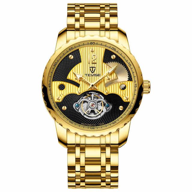 

Luxury Tevise Men Automatic Mechanical Watches Golden Steel Band Trourbillon Waterproof Watches Male Gifts relogio masculino, Color 5