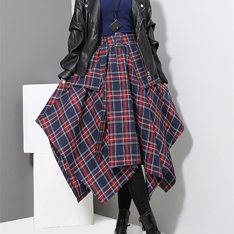 

[EAM] Spring High Waist Red Plaid Split Joitn Loose Big Hem Half-body Skirt Women Fashion All-match JD402 220401, Blue red