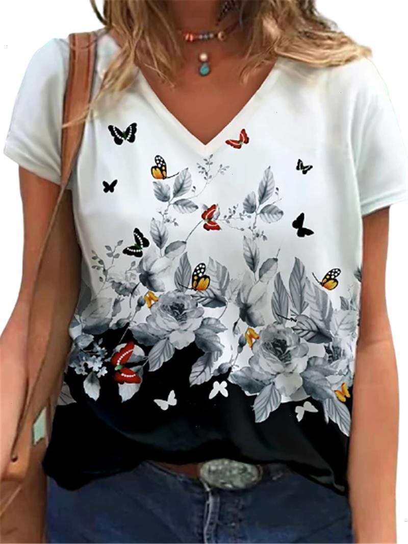 

Women Fashion T-shirts Summer Short Sleeve Casual Tops Butterfly High Street Tee 5xl Size Clothing Loose T-shirt, Color1