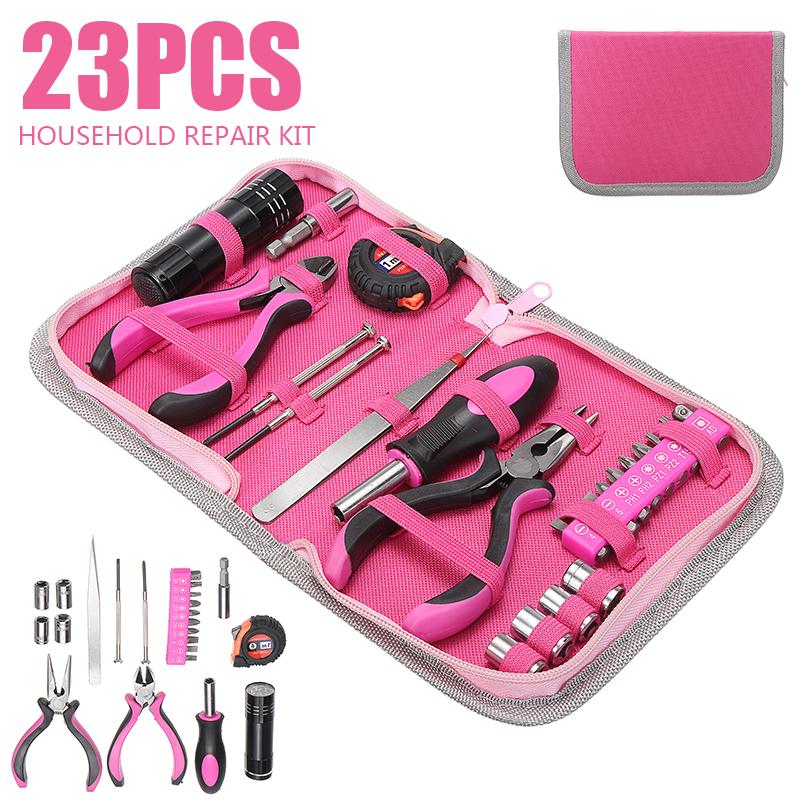 

Professional Hand Tool Sets 23pcs Female Pliers Screwdriver Household Pink Multi-function Repairing Kit DIY Plier Screw Tape Measure Home To