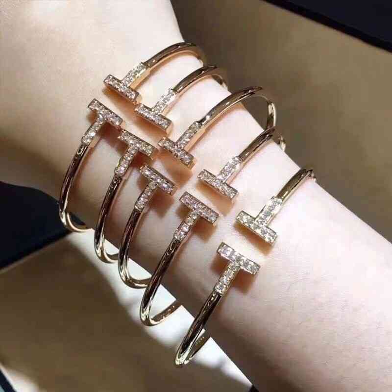 

NGLA T home double Bracelet 925 Sterling Silver Plated 18K gold diamond inlaid narrow opening semi bracelet 1 series hand jewelry