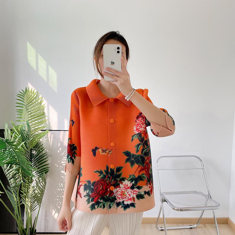 

Women's Jackets Floral Vintage Single-breasted Miyak Pleated Jacket Women Spring Turndown Collar Elegant Outerwear Female Casual Tops Clothe, Blue