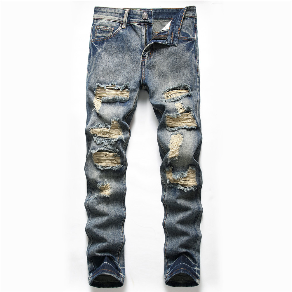 Patches Detail Biker Fit Jeans Men Slim Motorcycle For Mens Vintage Distressed Denim Jean Pants