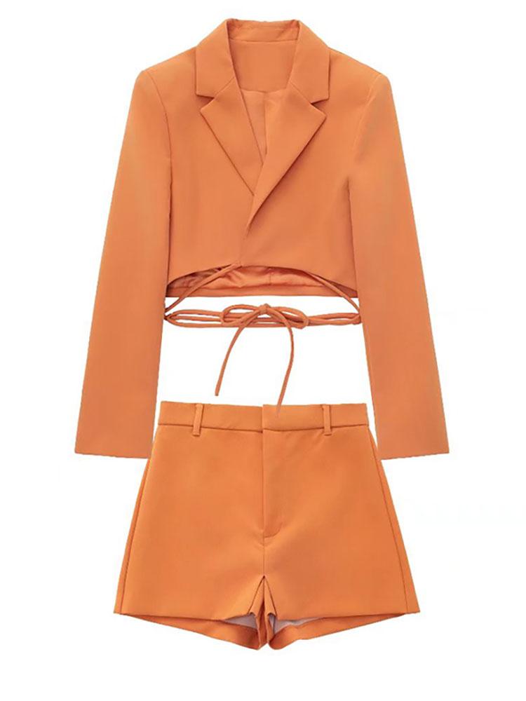 Survêtements pour femmes Sexy un bouton orné d'un nœud court femmes Blazer taille haute Shorts jupes à manches longues costumes 2 pièces ensemble