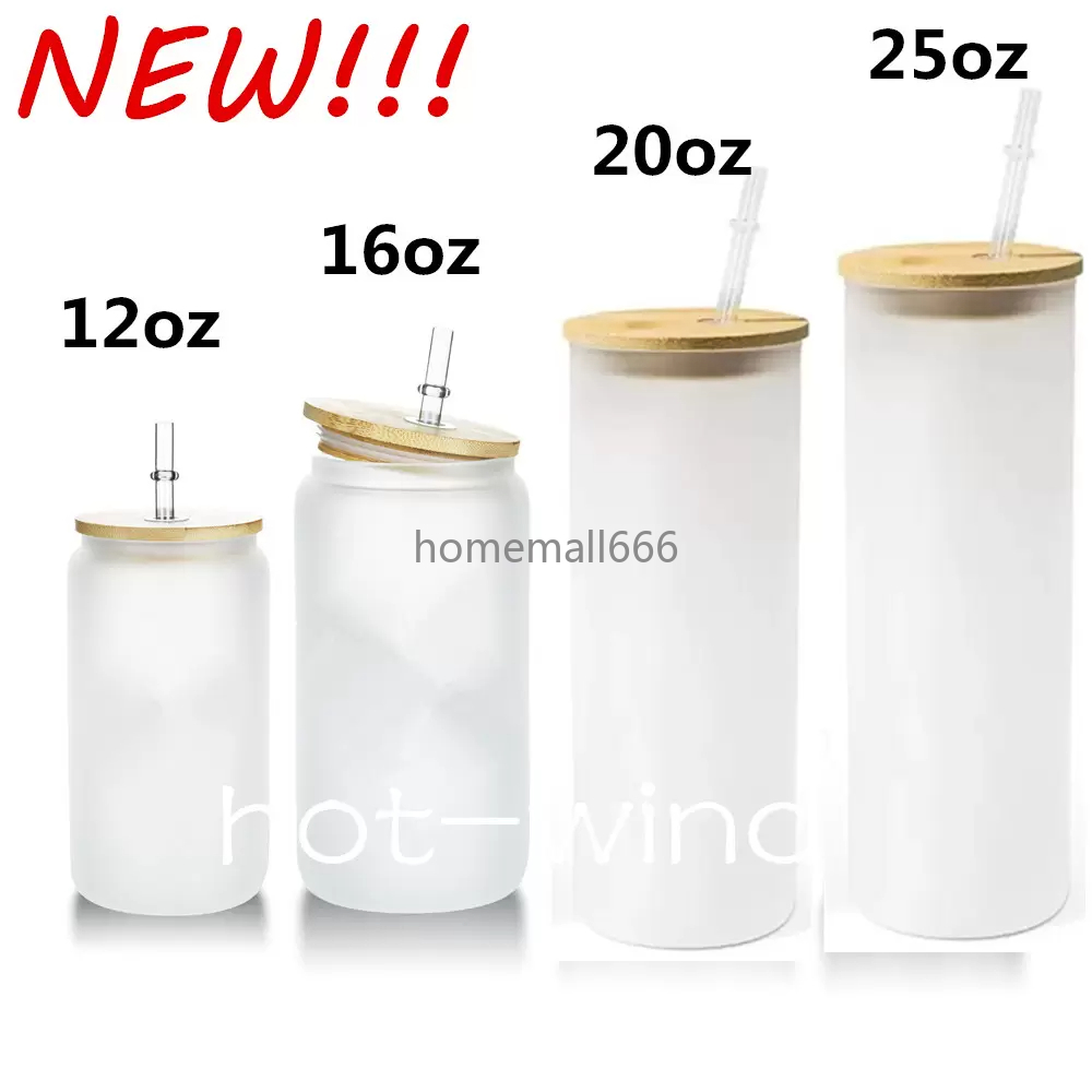 

12oz 16oz 20oz 25oz Sublimation Glass Beer Mugs with Bamboo Lid Straw DIY Frosted Clear Drinking Utensil Coffee Wine Milk Beer Juice Cold Drinkware AA