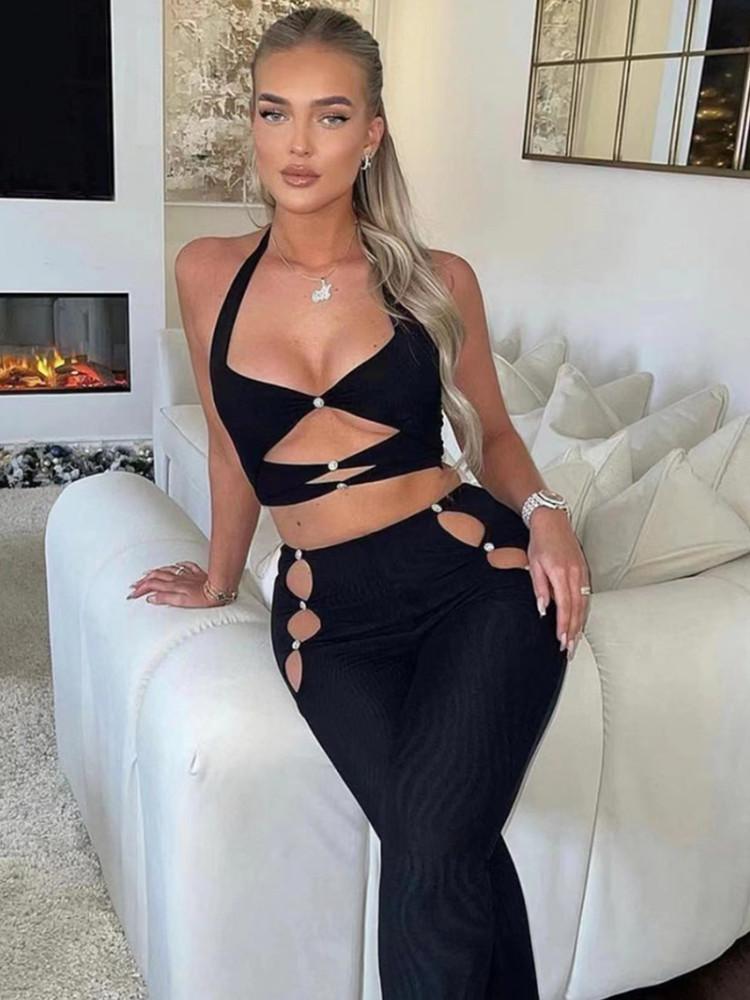 

Women's Two Piece Pants Summer Black Color Women Sexy Hollow Out Bodycon Tops Pant Set Rayon Bandage Fashion Celebrity Nightclub Party WearW