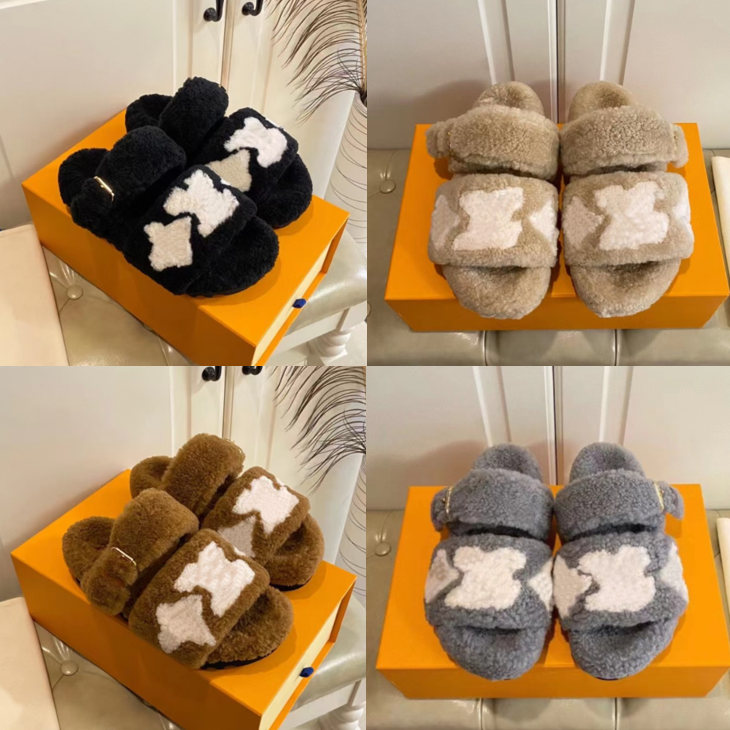 

New Womens Slippers Ladies wool Slides Designer Slipper Winter fur Fluffy Furry Warm letters Sandals Comfortable Fuzzy sheet Girl Flip Flop size 35-41, Brown