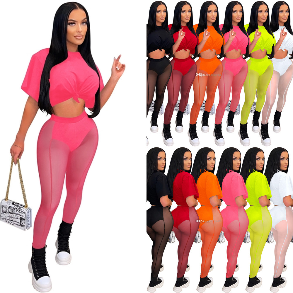

Womens Sheer Yoga Pants Outfits Sexy Mesh 2 Piece Sets Crop Tops See Through Leggings Sweatsuits 2022 Designer Clothing, Rose