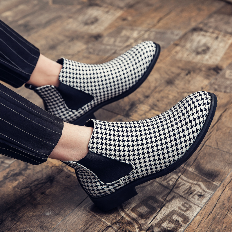 Boots Men Shoes PU Solid Color Ankle Casual Fashion Round Head European and American Retro Houndstooth High-top Simple Leather Boots DP396