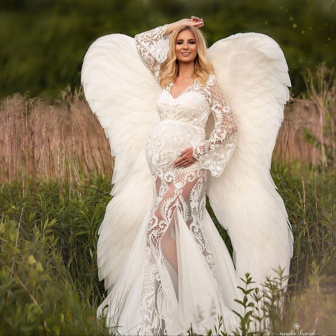 Robe de maternité sirène pour photoshoot dentelle à manches longues robes de bal robes de douche de bébé Boho