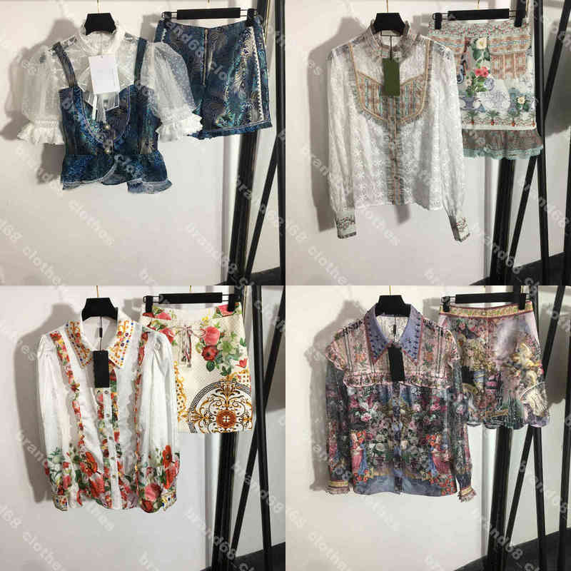 

designer women sexy lace shirt two piece suit logo slim short pants Brand her..es lady clothes zip shrots high waist skirt puff sleeves tops XL oversize female Apparel