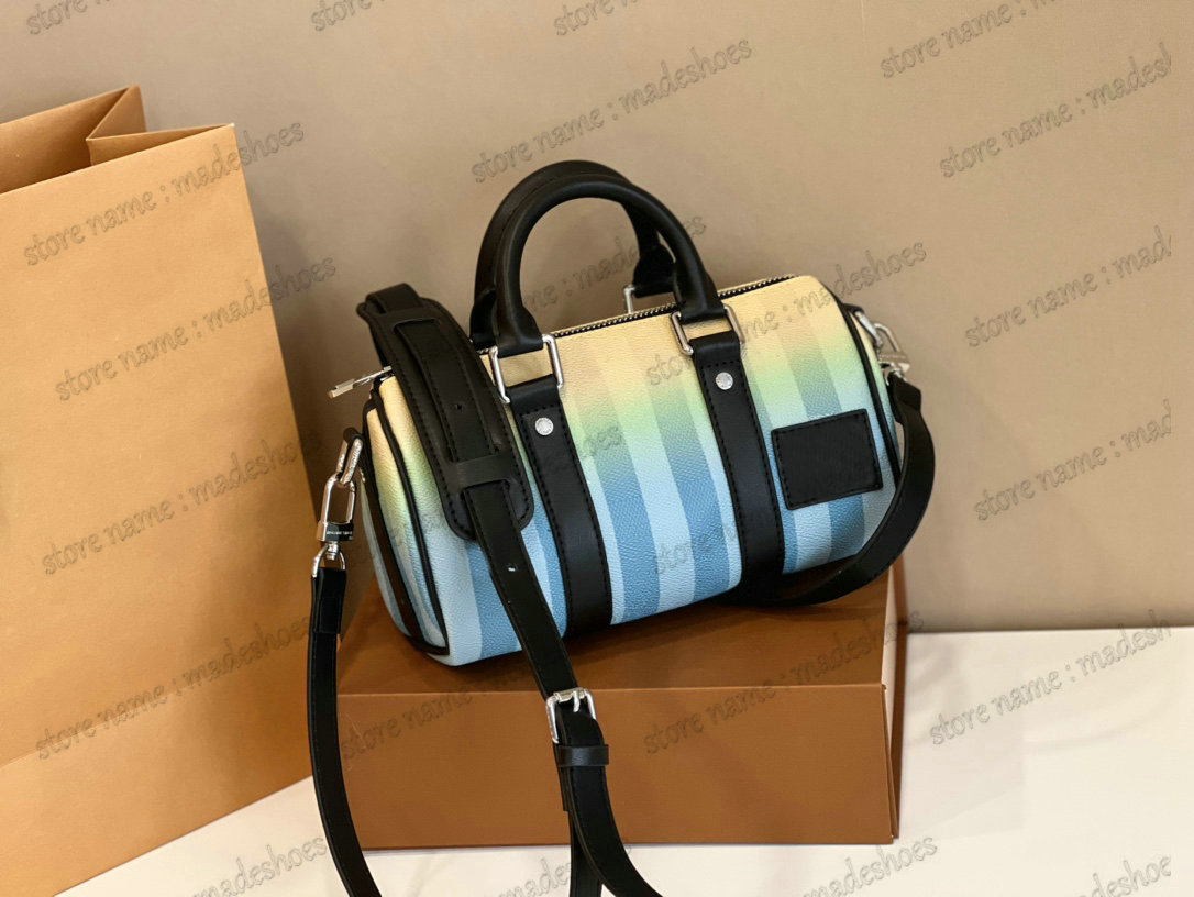 

KEEP XS Top Handle Bag Mens Designer Daybreak Collection Handbag Gradient Green Damier Yellow Stripes Luxury CrossBody Purse Wallet Double zipped