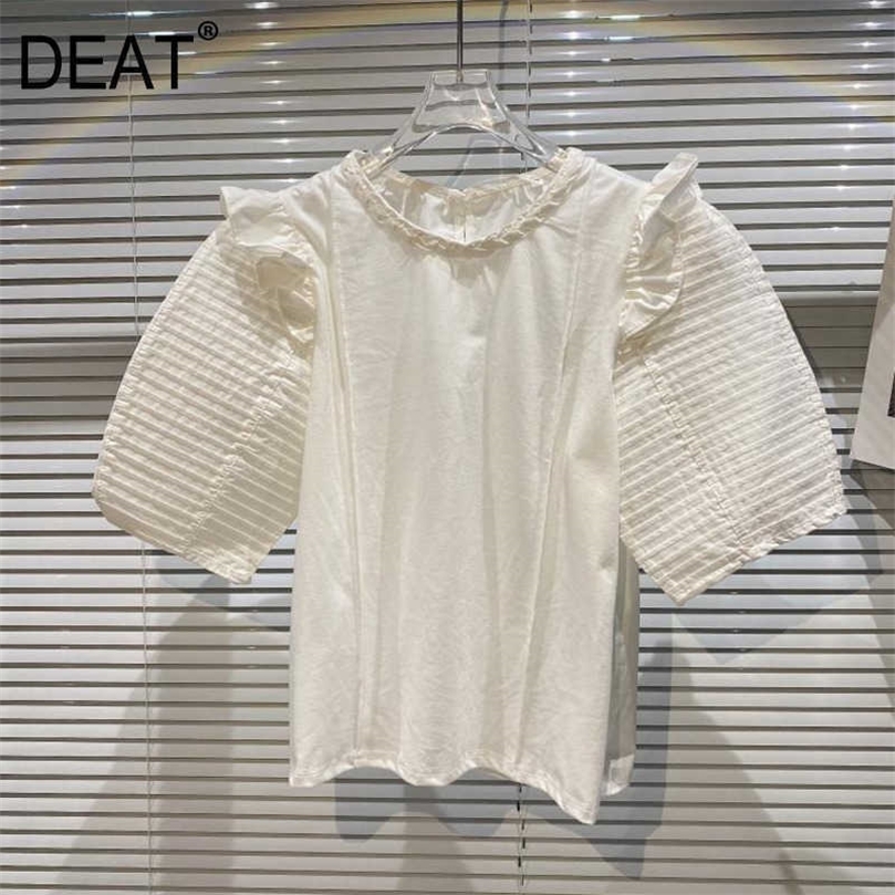 

DEAT summer fashion women clothes ruffles dobby fabric pullover short T-shirt female top WR57100 210709, White