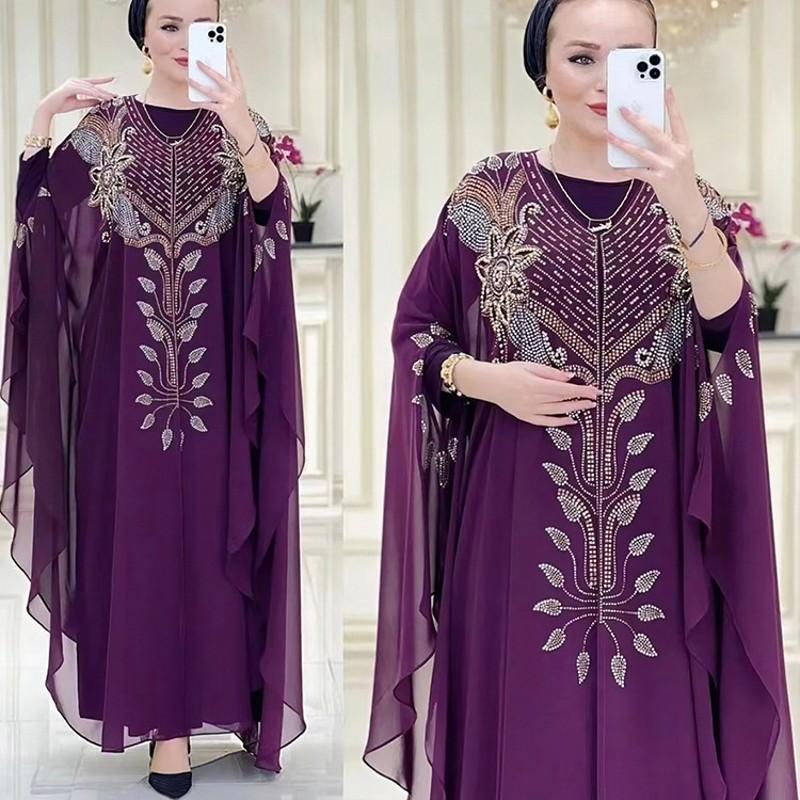 

Ethnic Clothing Fashion Swing African Clothes Solid Color Chiffon Dress Muslim Suit Diamond Burqa Party Dresses For Women Spring SummerEthni
