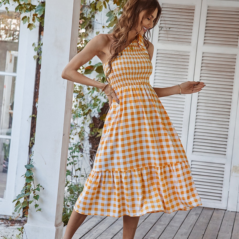

Checkered Print Knot Shoulder Ruffle Hem Tank Dress b4Xw#, Orange