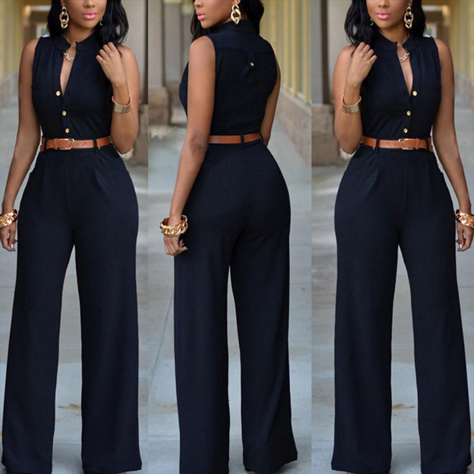 

Formal Jumpsuit Wide Leg Pant Women Office Solid Color Sleeveless Belt Shirt Basic V Neck Single Breasted Work, Yellow jumpsuit