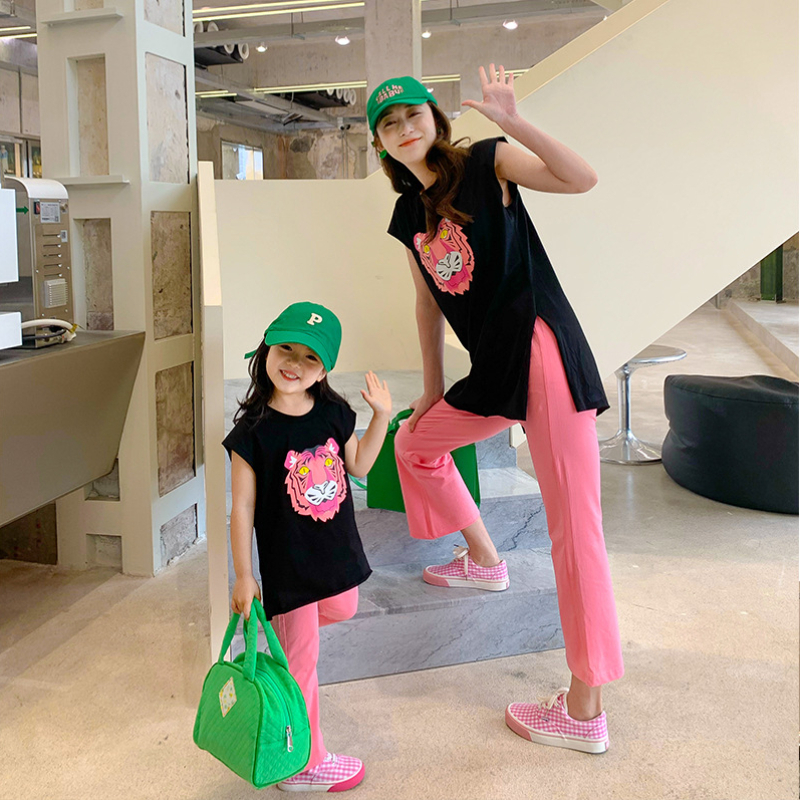 

Parentchild Wear Summer Korean Mother and Daughter Wear Pink Tiger Head Print Flared Pants Suit family outfit matching 220614, Pink tiger head suit