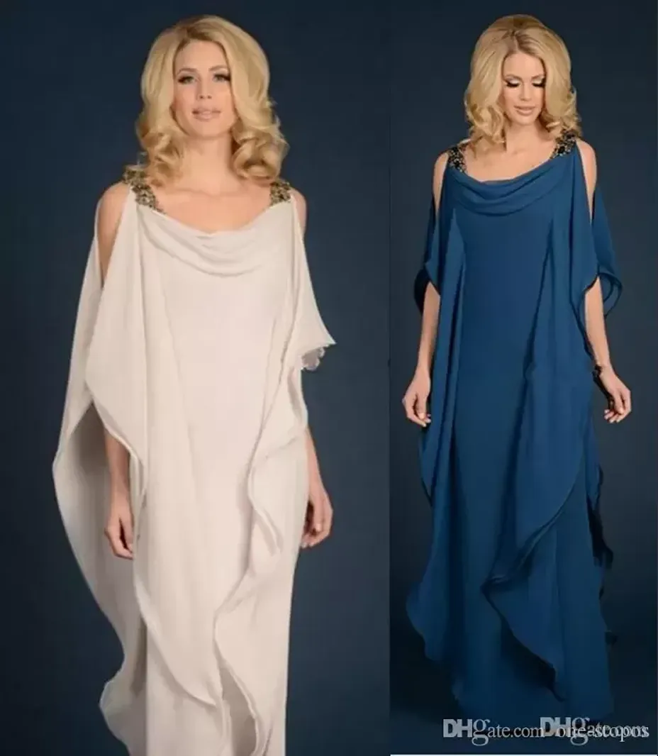 

New champagne navy blue Mother Of The Bride Dresses Chiffon Wedding Plus Size Ruffles Flowing Sheath Floor Length