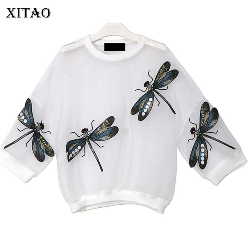 

XITAO Black White Mesh T Shirt Dragonflies T Shirt Women Embroidery Sheer Kawaii Tee Plus Size T Shirt Chemise Femme New LJT1723 Y200722, Black ljt1723