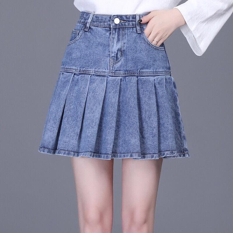 

Skirts 2022 Spring Summer Sweet Ladies Cute High Waisted Mini Denim Skirt , Preppy Style Women Washed Jeans, Denim blue
