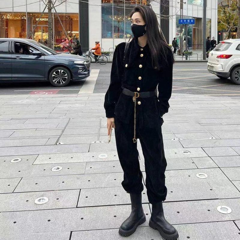 

Women' Two Piece Pants With Belt Corduroy Set Women 2022 Winter 2-piece Long-sleeve Doll Collar Top Straight Trousers Fashion Casual Two-pi, Black