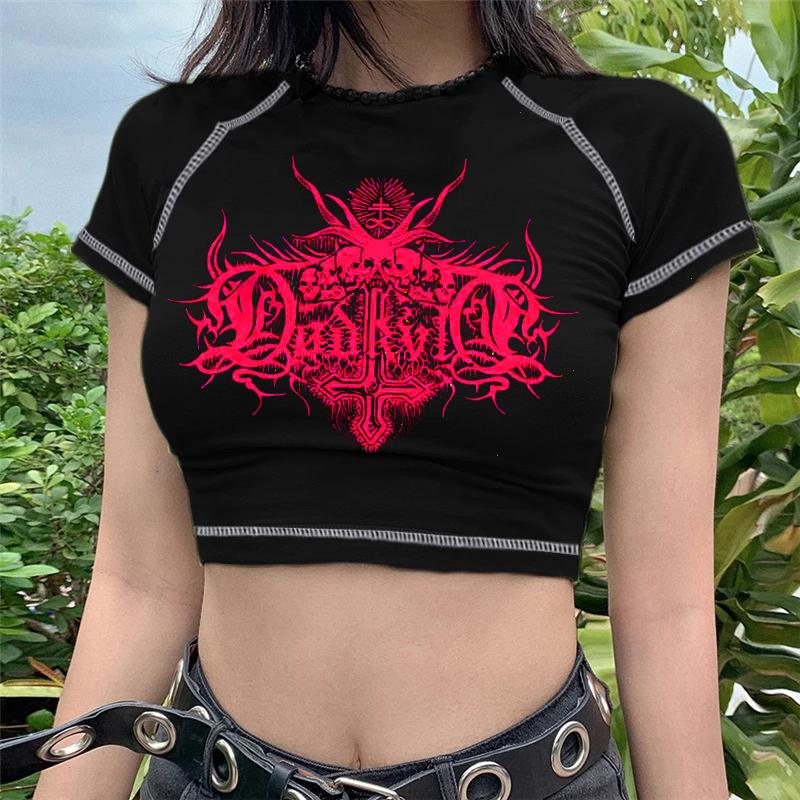 

Goth T-shirt Female Y2k Tops Crop Top Anime Aesthetic Vintage Street Kawaii Shirt Harajuku Punk Women Clothing Gothic, Black