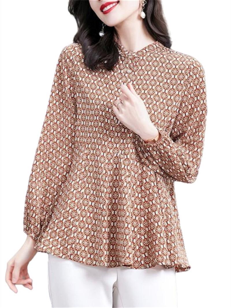 

Women's Blouses & Shirts Loose Women Spring Autumn Lady Fashion Casual Long Sleeve O-Neck Colla Printing Blusas Tops WY0672Women's, Khaki