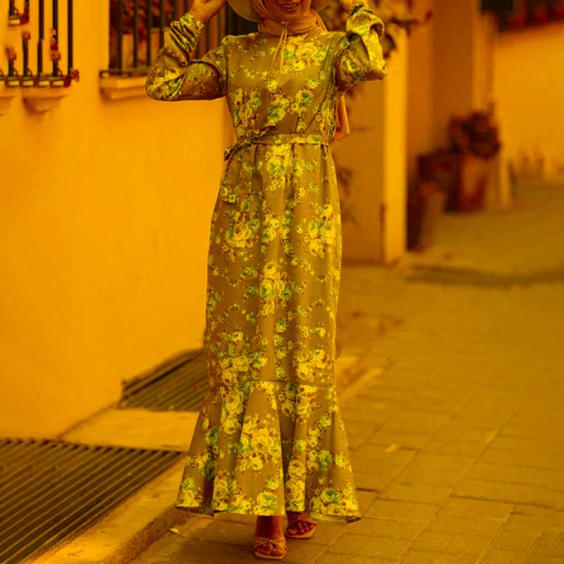 

Ethnic Clothing Abayas For Women Muslim Fashion Fishtail Long Dresses Floral Print Patchwork Round Collar Full Sleeve Gowns Party 2022Ethnic