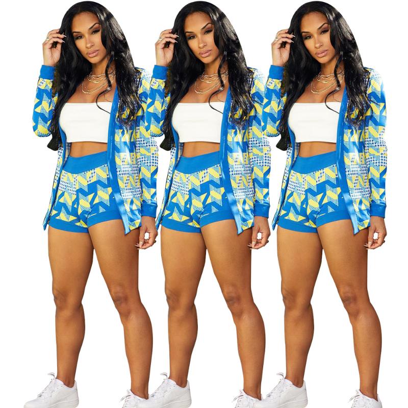 

Women' Tracksuits Women' Casual Two Pieces Spring Autumn Sexy Streetwear Fashion Printed Long Sleeve Jacket Shorts Suit WomenWomen, Blue