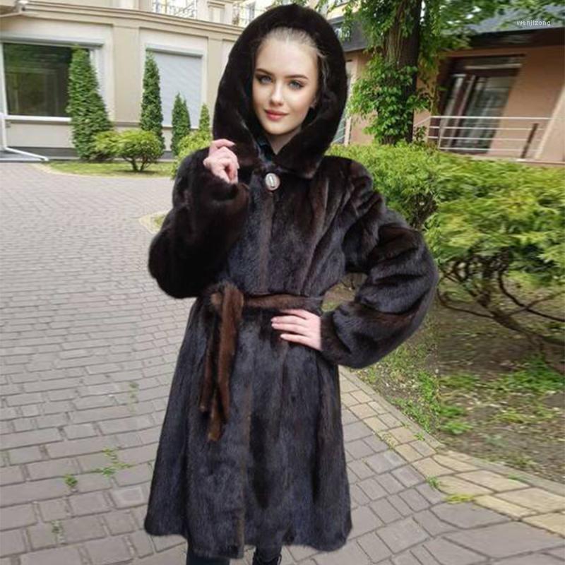 

Women's Fur & Faux Real Coat Mink Jacket Women Winter Natural With Belt Female Long Hooded Warm Overcoat 2022