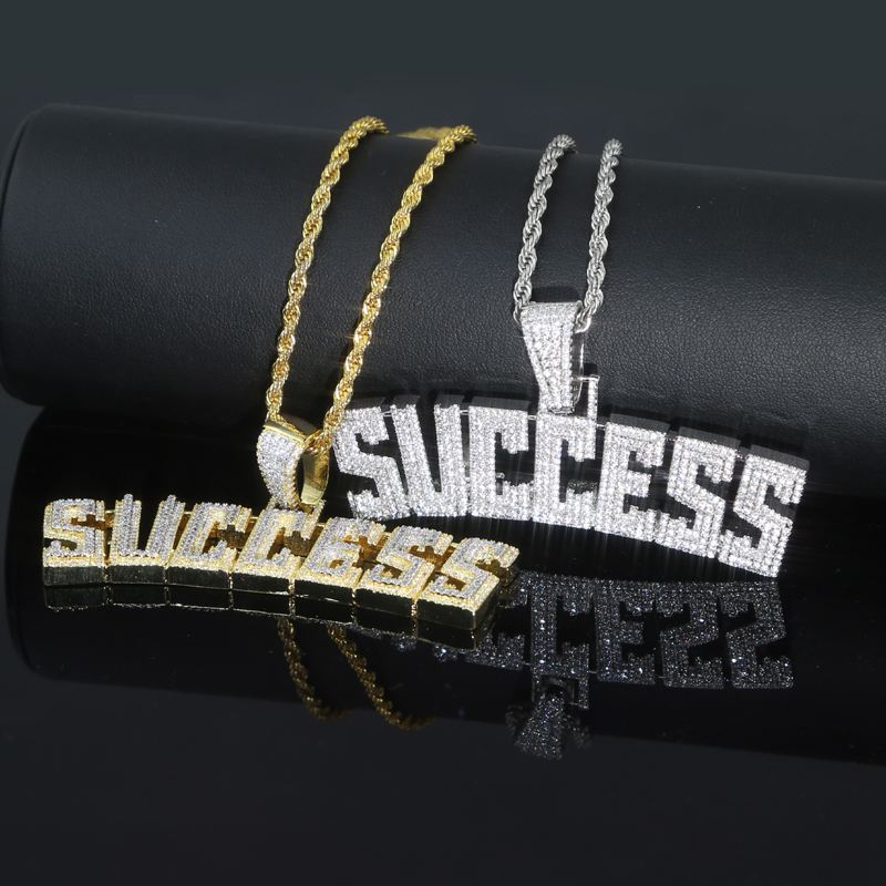 

Iced Out Success Necklace Pendant with Rope Chain Bling 5A Cubic Zircon Necklace Letters Jewelry Fashion Men Women Gift