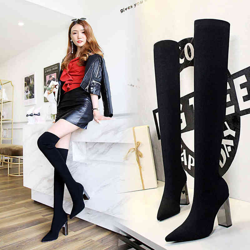 

Boots Woman Long Knee High Square Metal Heel Heels Pointy Sexy Elasticity Thin Wool 220805, Black