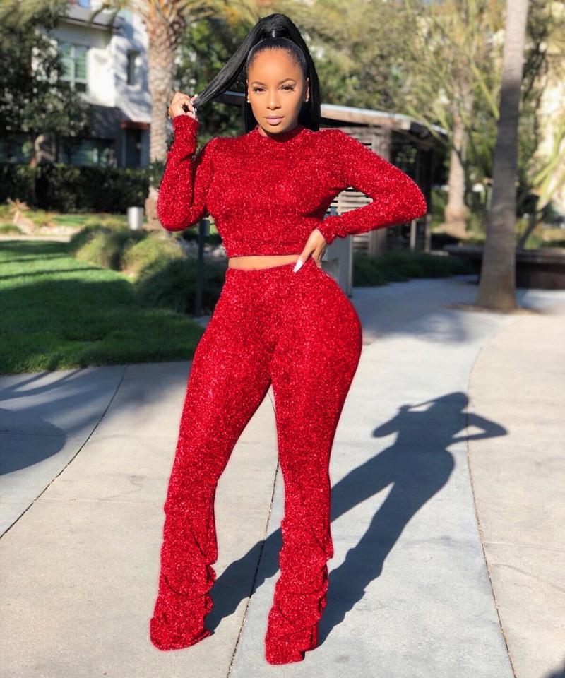 

Women' Tracksuits Web Celebrity Shiny O Neck Short Sexy Coat Silver Line Pleated Trouser Suit With Navel Street Wear Nightclub StyleWomen, Red