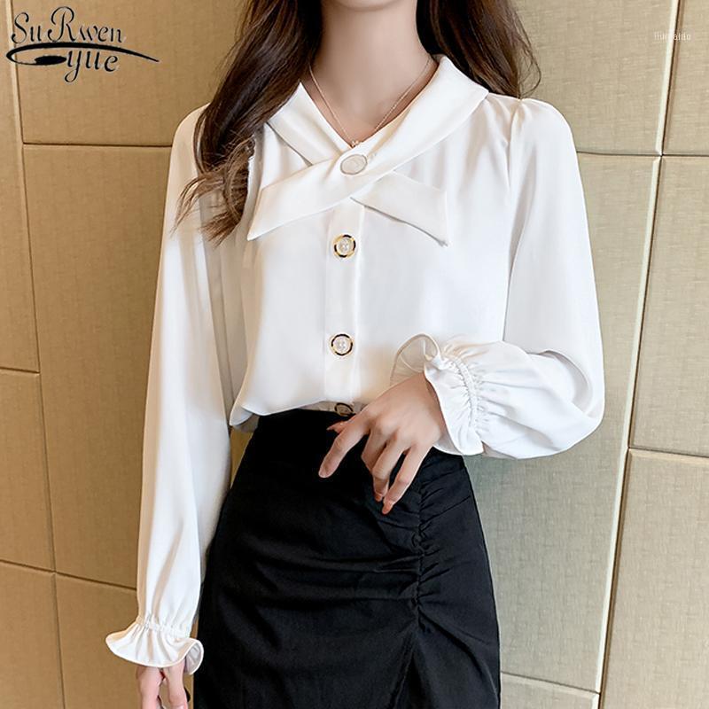 

Autumn Flare Long Sleeve White Chiffon Blouse Women Office Lady V Neck Button Cardigan Shirt Plus Size Blusas 10574
