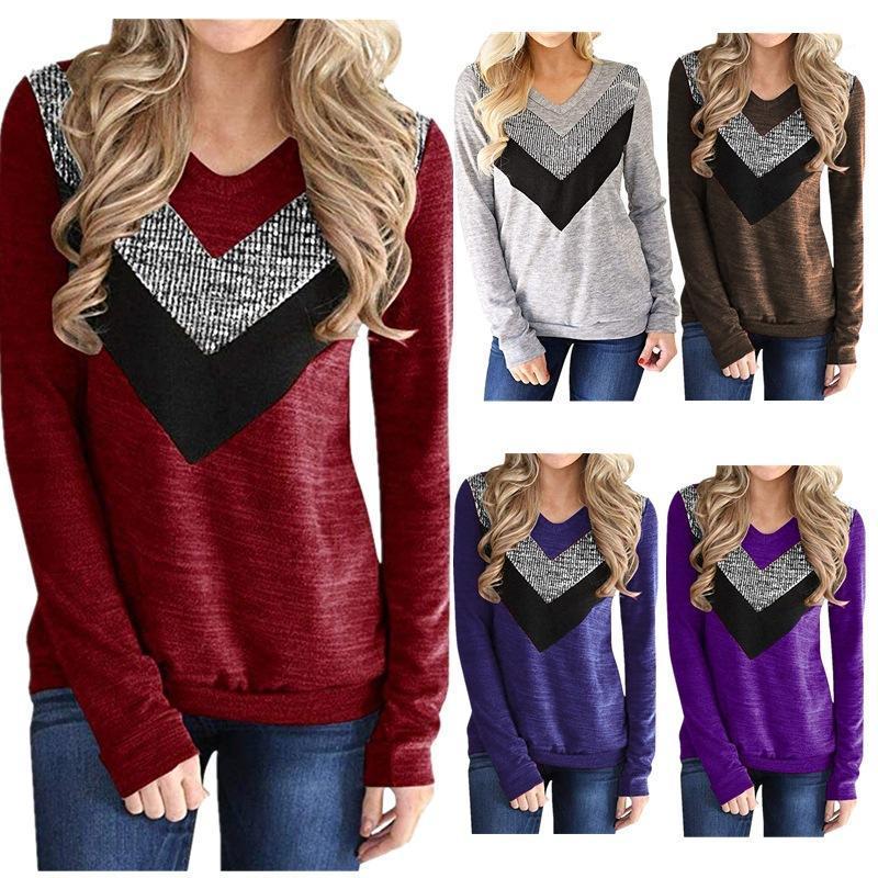 

Spring And Autumn Women' Undershirt Shirt Casual Fashion Commute V-neck Loose Sequin Stitching Long-sleeved Shirts Hoodies & Sweatshirts, Brown