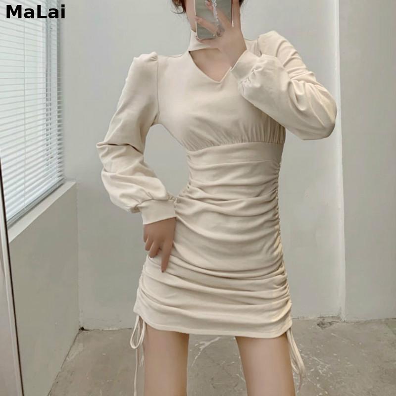 

Casual Dresses Kawaii Dress V-Neck Halter Hollow Out Drawstring Elegant Women Fashion Solid Long Sleeve Sexy Outwear Bodycon Lolita, Black;gray