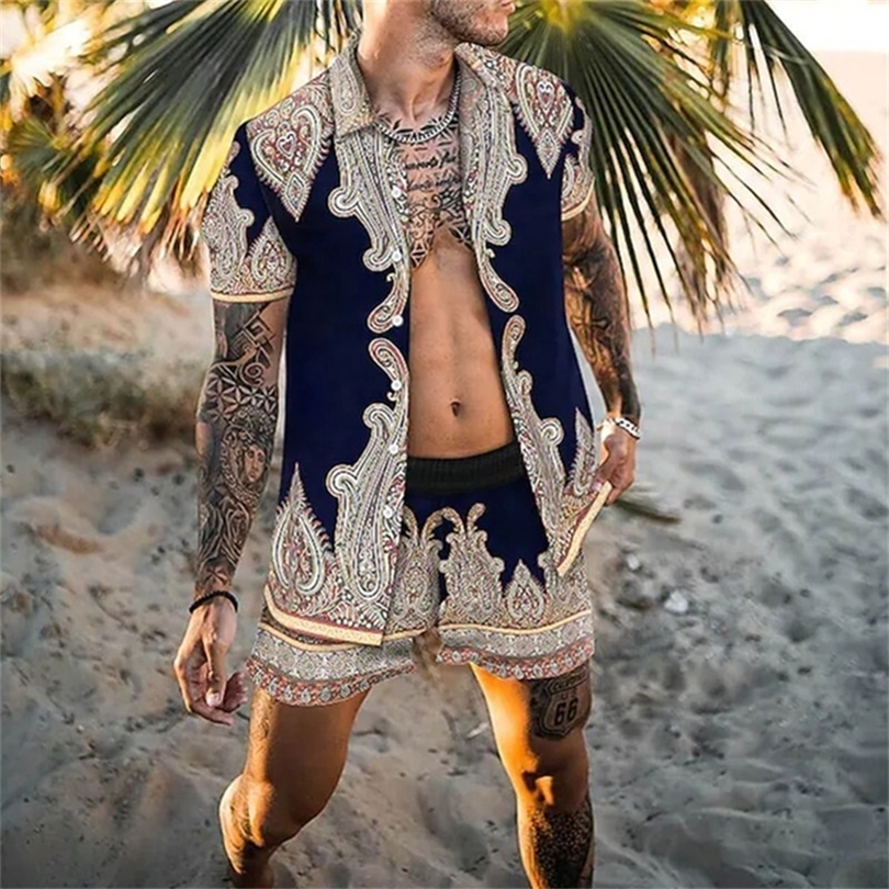 Hommes Ensembles Imprimer Revers À Manches Courtes Chemise Décontractée Shorts De Plage 2 pièces Été Vacances Costumes Hawaïens Streetwear S 3XL