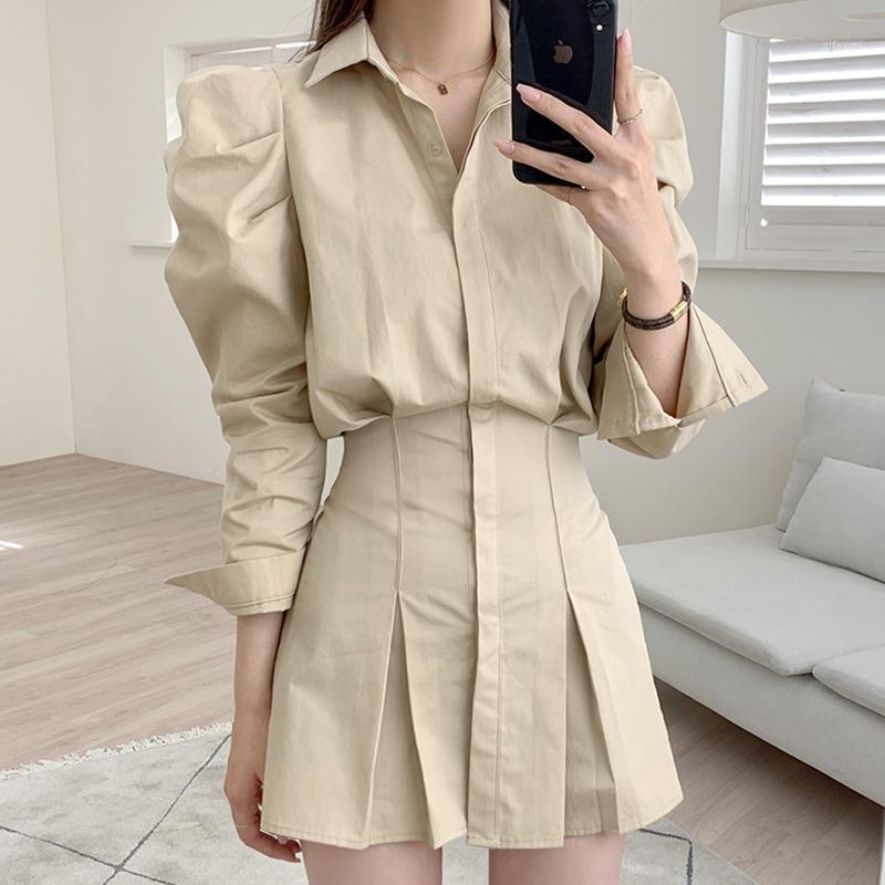 

Casual Dresses Women 2022 Korean Fashion Elegant Temperament Lapel Single-breasted Pleated Waist Long-sleeved Short Shirt Dress, Khaki