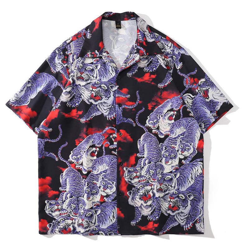 

Men's Casual Shirts Hip Hop Streetwear Purple Tiger Print Vintage Short Sleeve Blouse Summer Harajuku Hawaiian Loose Men ShirtsMen's, Black