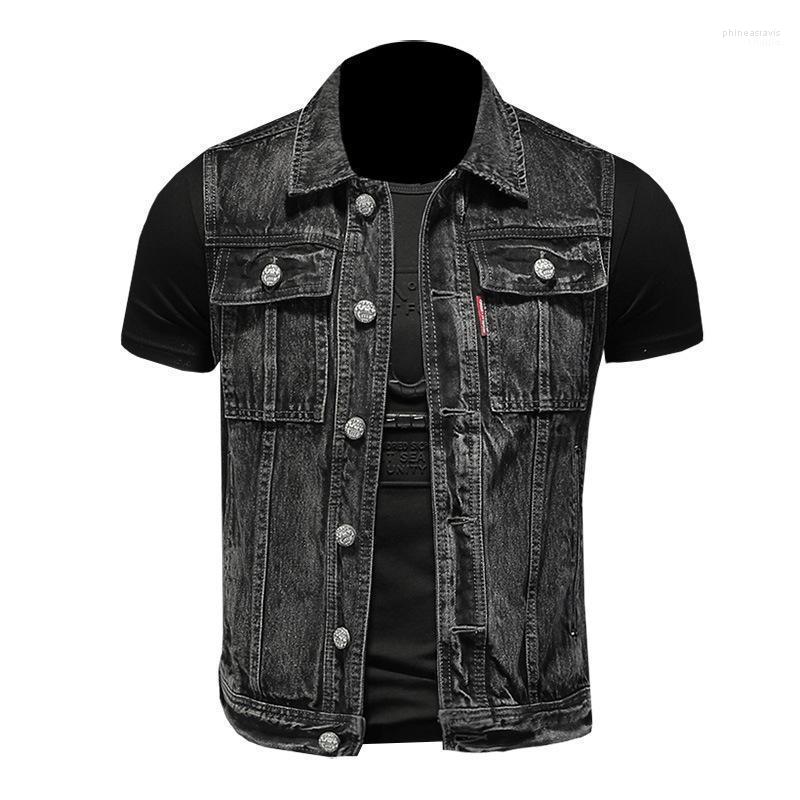

Men' Vests -5XL Denim Vest Men Sleeveless Jacket Casual Jeans Coat Ripped Slim Fit Male Waistcoat Turn-down Collar Streetwear Black Phin22, 01