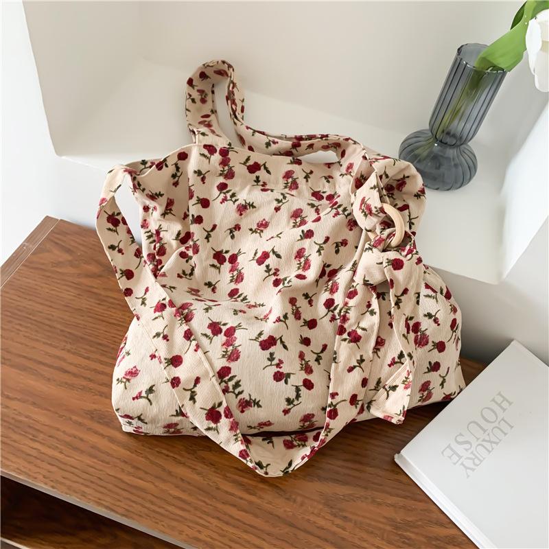 

Evening Bags Large Capacity Tote Floral Shoulder Rose Printed Canvas Messenger Handbags Daily Use Soft Shopping Luxury Designer, Beige
