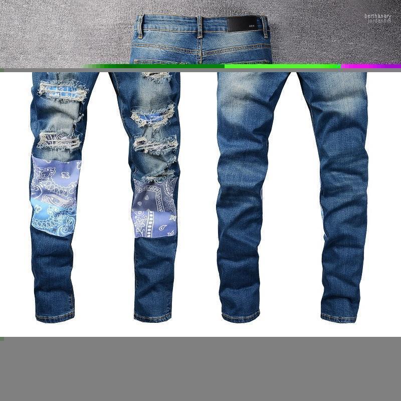 

Men's Jeans European Light Blue Streetwear Motorcycle Jean Pant 2022 Trend Paisley Printing Patchwork Hip Hop Men Amr Bert22