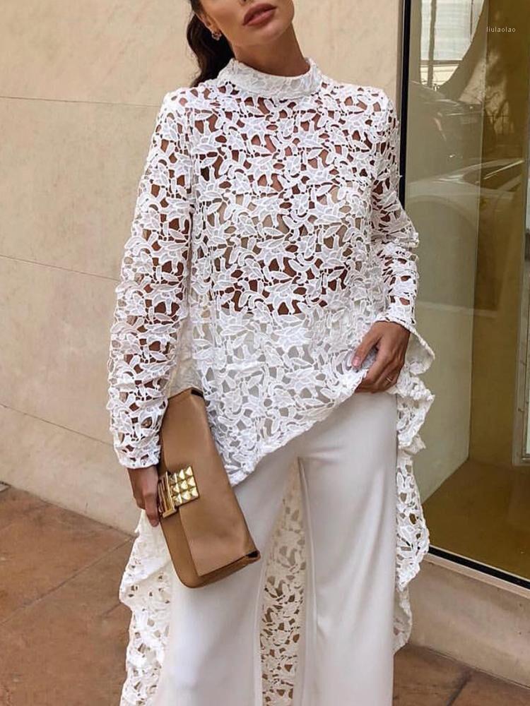 

Women' Blouses & Shirts Elegant Floral Embroidery Lace Blouse Spring Summer Sexy Hollow Out Long Hem Women Casual Sleeve, Pink