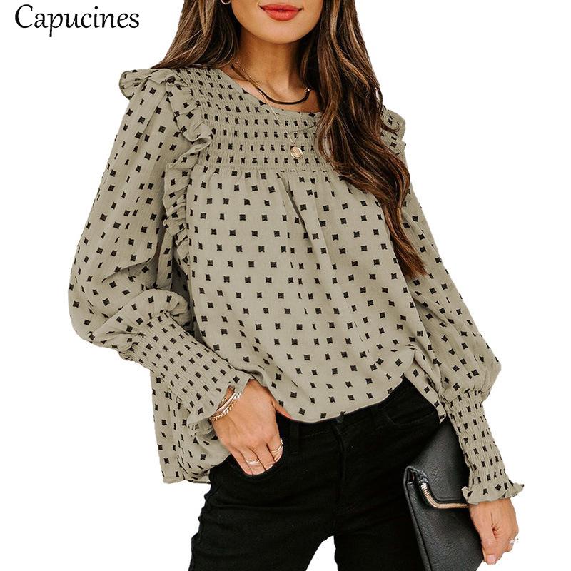 

Women' Blouses & Shirts Capucines Ruffles Bishop Sleeve Chiffon Woman 2022 Summer Fashion Wave Point Printed Blusas Mujer O Neck Casual Top, Khaki