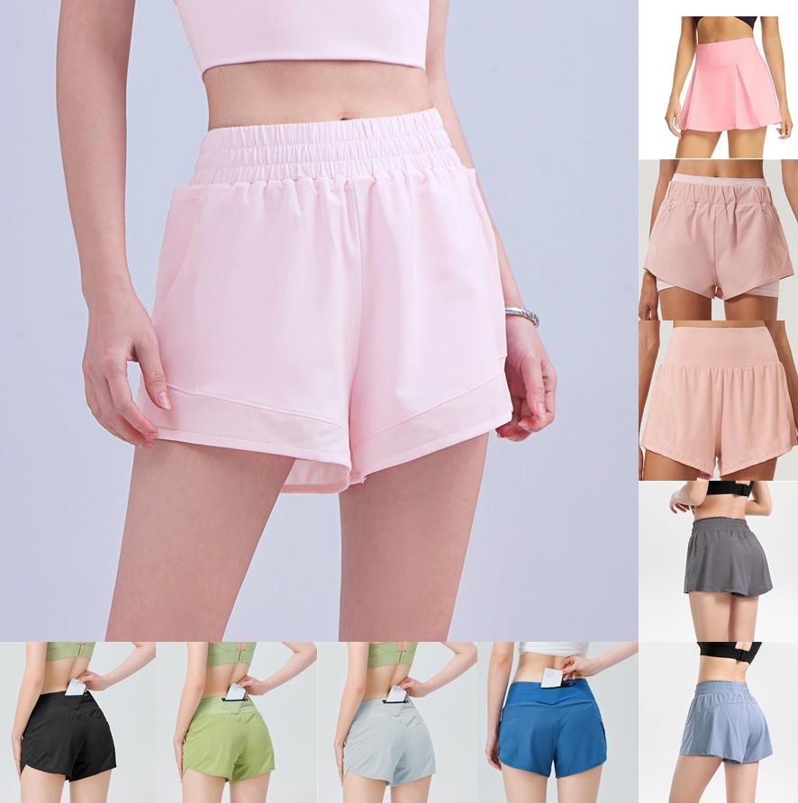 

lu yoga legging strawberry milkshake short Womens back zipper pink pocket lulu anti-light fitness skirt outdoor breathable solid color shorts feeling quick-drying s-XL