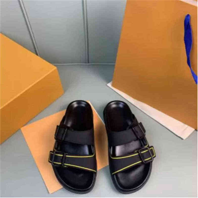 

2022--1Slippers designer Slippers Leather sandal Slides 2 Straps with Adjusted Gold Buckles Women Summer flip flops have box size A35-45